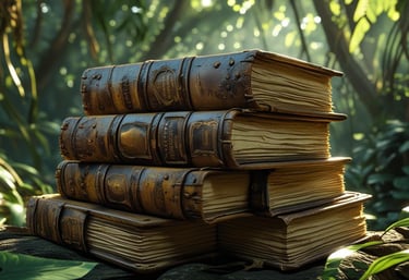 Ancient storybooks representing Jungle Drum Tales - animated animal stories with morals