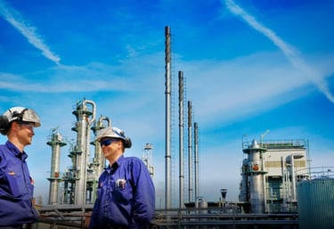Durraniz consultants' engineers in blue uniforms standing in front of a oil and gas plant.