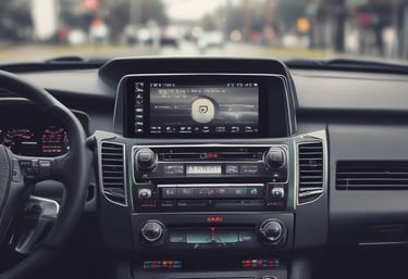 A car dashboard displays a digital infotainment system screen. The screen shows a radio interface with various channels like BBC R1, BBC R2, and BBC R6M. The current station playing is Capital DANCE with a song by Tall Paul. The interface includes options for radio, media, phone, and voice control, and the current time is displayed.