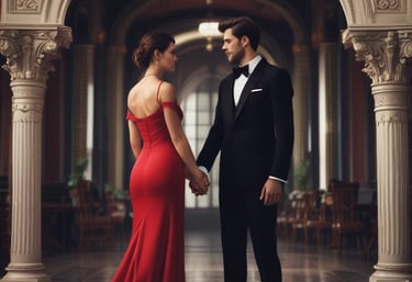 A couple is depicted in an intimate, romantic setting. The woman is wearing an elegant red lace dress, while the man is dressed in a formal black suit with a red bow tie. They are holding hands and gazing into each other's eyes, suggesting a deep connection and affection. The background is subdued, with soft lighting that emphasizes the couple.