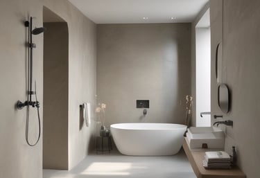 Moderne badkamer met inloopdouche, vrijstaand bad en wastafel in een stijlvolle mortex afwerking