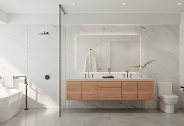 Moderne badkamer met inloopdouche, ligbad en dubbele lavabo, gerealiseerd in regio Leuven en Tienen