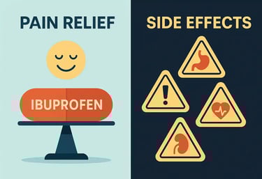 Split-screen illustration showing ibuprofen pain relief one side & side effect warnings for stomach, kidney & heart on other