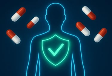Human silhouette with a glowing shield over the chest symbolizing immunity, surrounded by floating ibuprofen capsules.