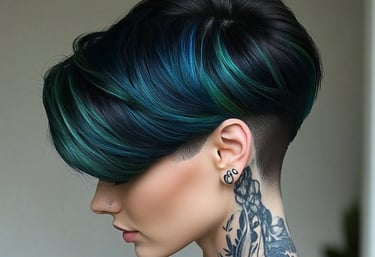 un carre court coloration noir avec mecheverte et bleu dans une technique ireprochable 