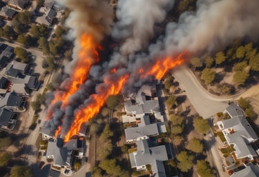 A house with a beige exterior and two garage doors is surrounded by green trees and bushes. Dark black smoke billows dramatically into the sky, suggesting a fire nearby.
