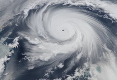 A significantly damaged house with its structure leaning precariously and a partially crushed blue vehicle wedged underneath. The house's siding is warped and twisted, with debris scattered around.