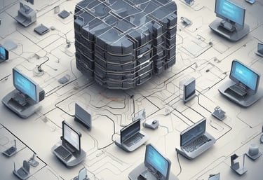 A sign for 'Shallom Komputer' is displayed prominently on the facade of a building, surrounded by lush green trees. The sign offers information about services related to hardware, software, networking, and accessories. The building features several rectangular windows and air conditioning units.