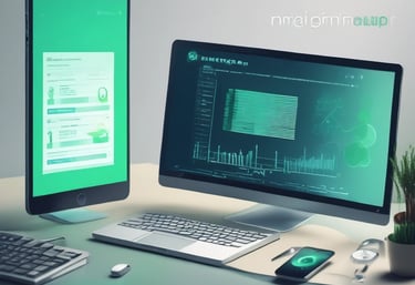 A man is seated at a table, working on a laptop in front of a bright yellow wall. The wall has a large collection of words related to technology, such as 'Information Technology' and 'Data'. A chair with a striped design is partially visible, and a notebook and phone rest on the table.