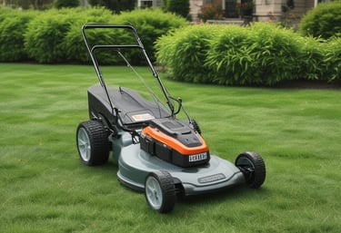 A bright green and yellow ride-on lawn mower sits on a well-manicured lawn, surrounded by lush greenery and trees in the background.