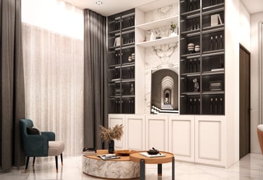 Interior design showcasing crockery unit alongside a bold statement chair and coordinated room styling by CASA DESIGNERS