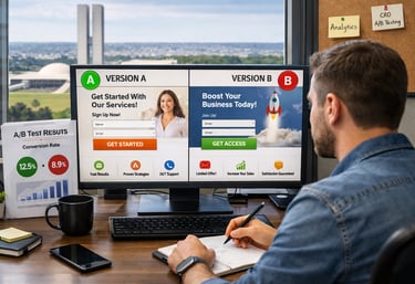 Profissional de marketing em Brasília realizando testes A/B para melhorar a conversão de Landing Pages.