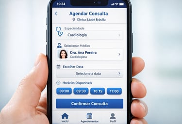 Smartphone exibindo interface intuitiva de agendamento de consultas online para clínica no DF.