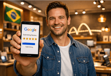 Cliente satisfeito enviando avaliação 5 estrelas no Google Meu Negócio em Brasília.