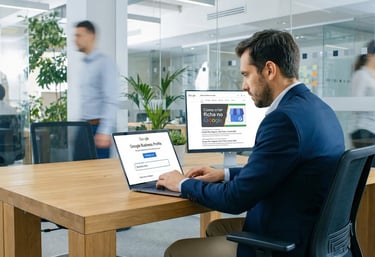 Empreendedor configurando o Perfil da Empresa no Google em um escritório moderno.