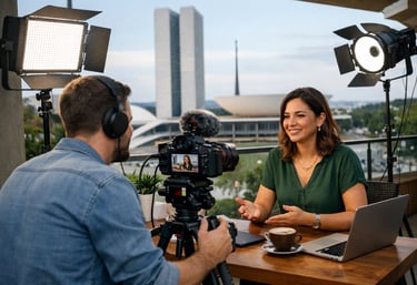 Bastidores da criação de conteúdo em vídeo profissional para blog de empresa em Brasília.