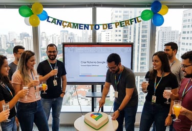Equipe em escritório moderno comemorando o lançamento de um novo perfil de empresa.