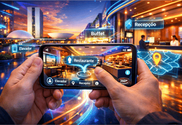 Usuário navegando por um tour virtual 360 de uma empresa no Distrito Federal pelo celular.