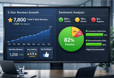 Dashboard de monitoramento de reputação online e avaliações positivas no Google.