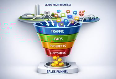 Ilustração 3D de um funil de vendas digital com leads qualificados de Brasília.