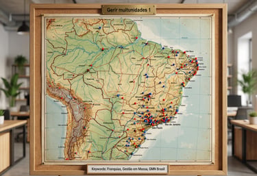 Mapa do Brasil com pinos representando unidades de uma empresa.