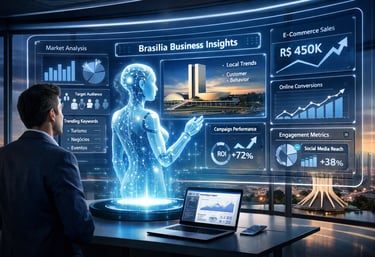 Representação visual de Inteligência Artificial processando dados de mercado para empresas em Brasília.