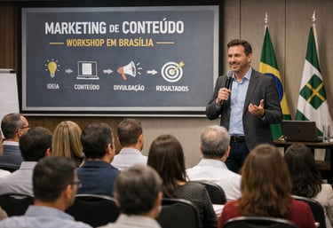 Workshop de marketing de conteúdo para empresários locais em Brasília focando em autoridade.