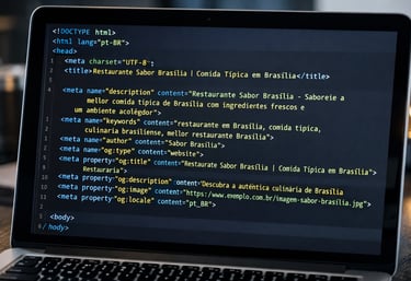 ela de laptop exibindo código otimizado com meta tags de SEO para empresas de Brasília.