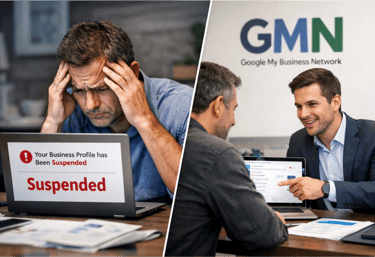 Empresário preocupado com suspensão de perfil no Google e consultor da GMN auxiliando na solução.