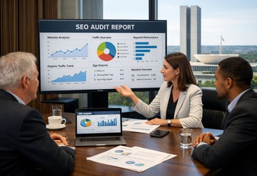 Relatório de auditoria de SEO sendo discutido em reunião estratégica em Brasília.