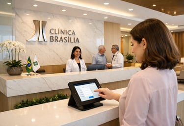 ecepção de clínica médica moderna em Brasília com paciente utilizando tecnologia para check-in.