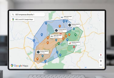 Mapa de SEO Local mostrando cobertura de empresas no Distrito Federal.