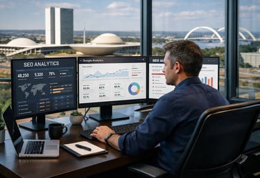 Especialista em marketing digital analisando métricas de SEO para sites em Brasília.