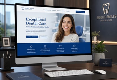 Site de clínica odontológica de alta qualidade exibido em um computador de mesa em um escritório profissional.