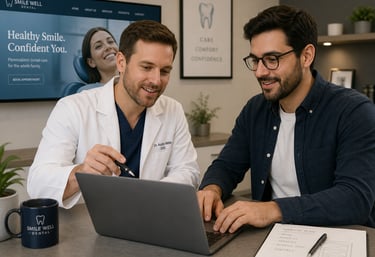 Dentista e desenvolvedor web discutindo projeto de site em um laptop.