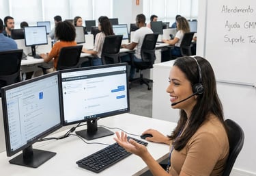 Atendente de suporte técnico em um escritório moderno de tecnologia.