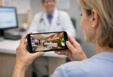 Paciente explorando o interior de uma clínica médica em Brasília através de um tour virtual 360 no celular.