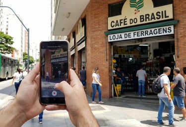 Gravando verificação por vídeo de uma fachada de loja no Brasil.