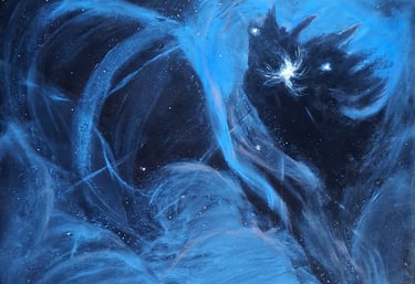 This is an original signed painting depicting a star formationhe heart of a nebula with the formation of a new sunlike star