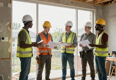 Team of Luznova professionals discussing a smart home automation project with digital tablets.