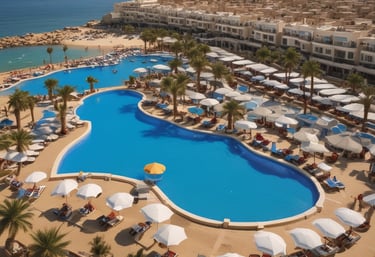 A modern apartment balcony overlooking the sparkling Red Sea and coral reefs.