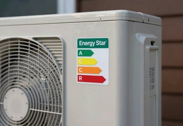 A close-up of an Energy Star efficiency rating sticker on a brand new, high-performance outdoor AC unit installed at a North American residence.