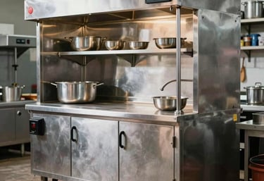 A clean, organized professional mobile kitchen at a South Asian project site, with stainless steel appliances and culinary equipment.