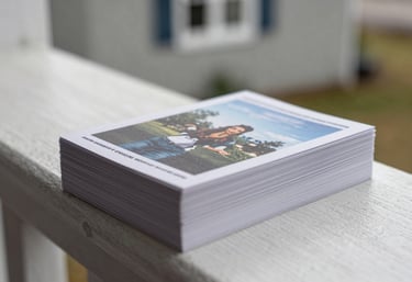 A close-up photograph of a bundle of neatly printed marketing cards resting on a clean front porch of a North American / Canadian home, focus on quality paper texture.