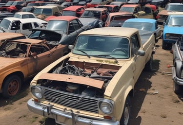 A rugged yet organized auto salvage yard with rows of used car parts neatly arranged under a clear blue sky.
