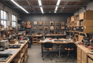 A craftsman carefully assembling a sound panel in a cozy Berlin workshop filled with wood and fabric materials.