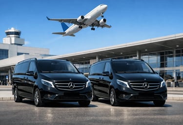 Mercedes-Benz Vito W447 VIP transfer at Athens International Airport with airplane takeoff background