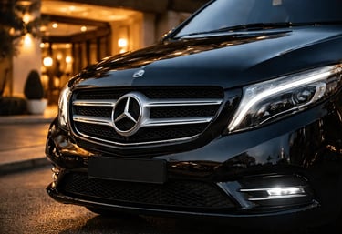 Front view of a premium black Mercedes-Benz Vito parked at a luxury hotel entrance in Athens