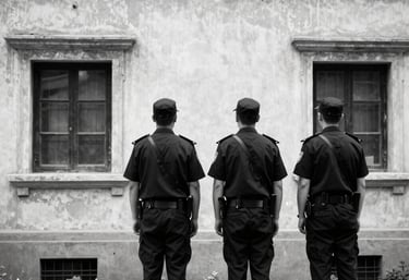 Black and white photo of a vintage security guard badge with faded blue and dark gray tones.