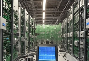 A bright, modern workspace showing technicians installing solar panels and setting up computer networks.